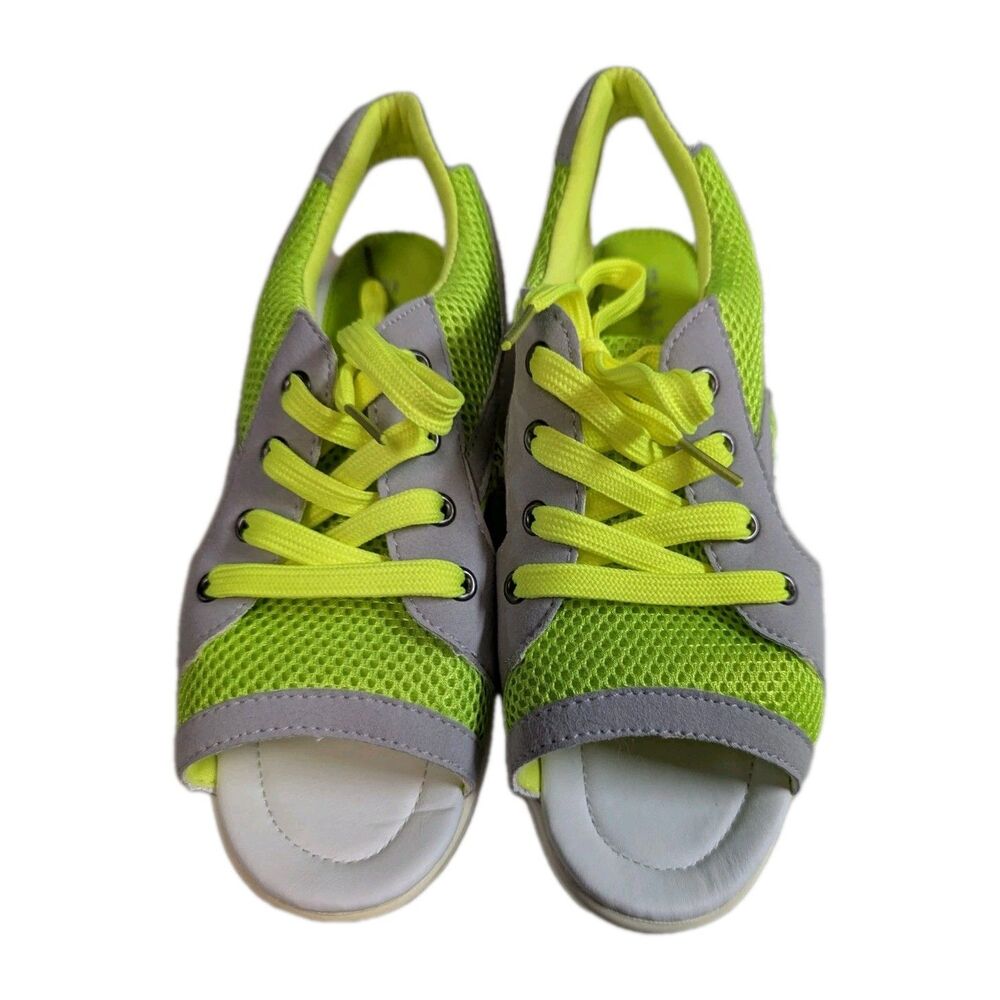 Neon Green Grey Mesh Platform Sneaker Sandals Chunky Wedge Slingback Size 6.5 - Picture 4 of 11